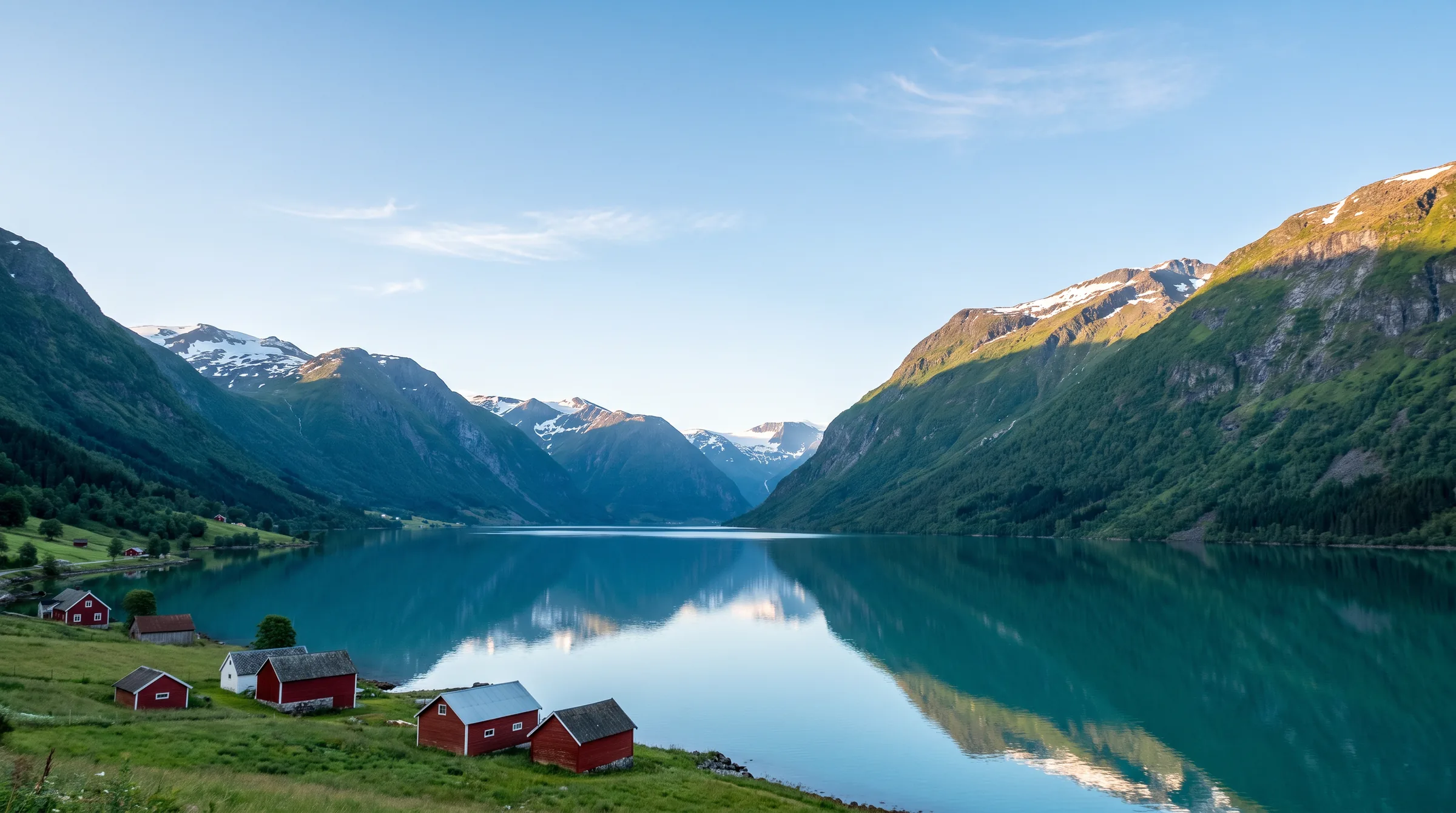 Norsk fjord i morgenlys med røde hus ved vannkanten